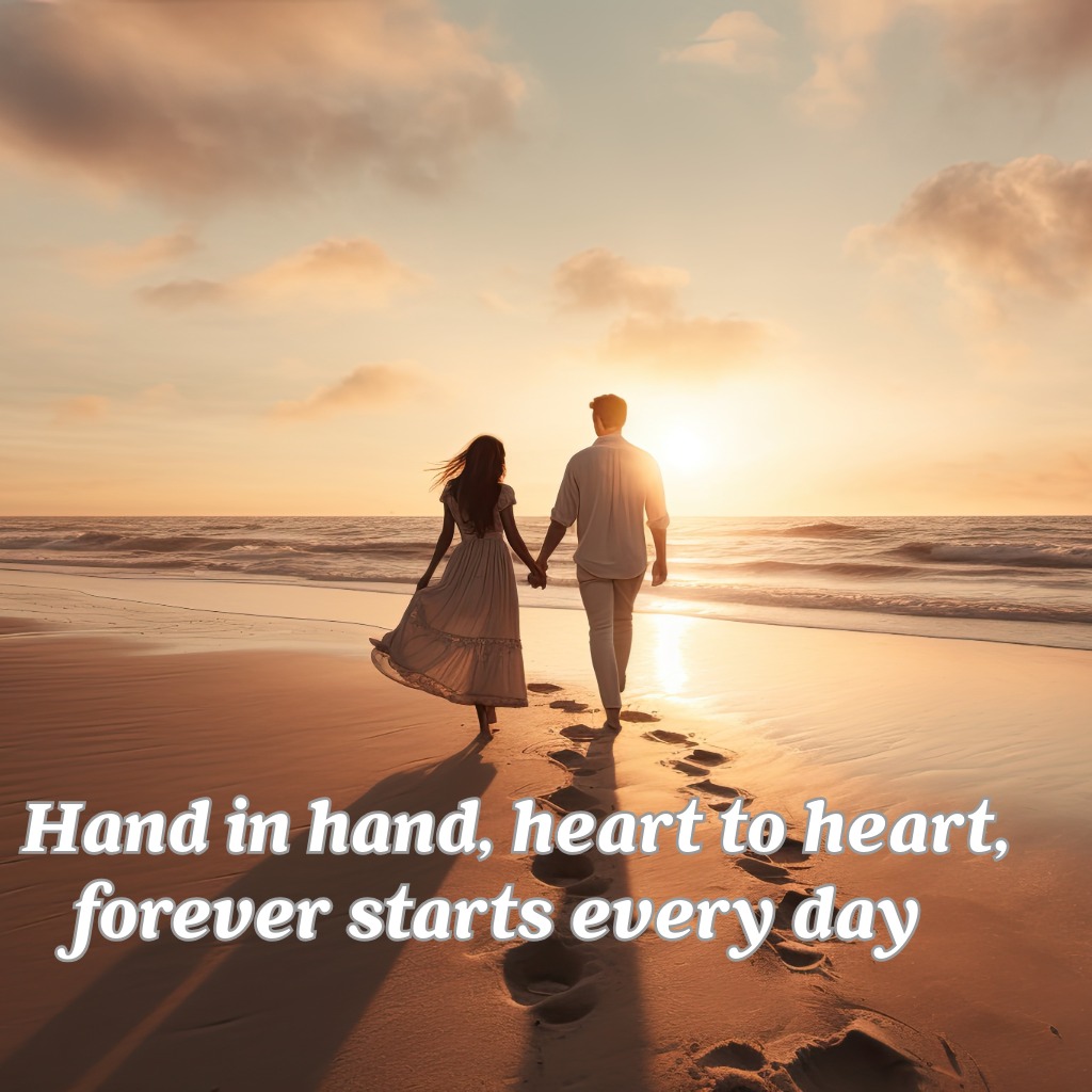 Couple holding hands at sunset near beach | Romantic Anniversary Greeting Images  2026 quotes and wishes
