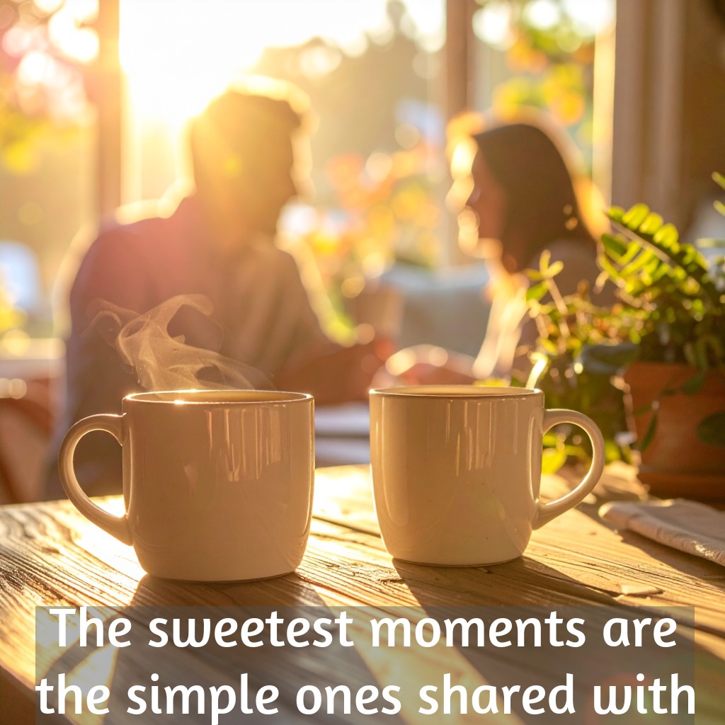 A cosy table with two coffee mugs, soft sunlight, and a happy couple | Romantic Messages Between Couples quotes and wishes