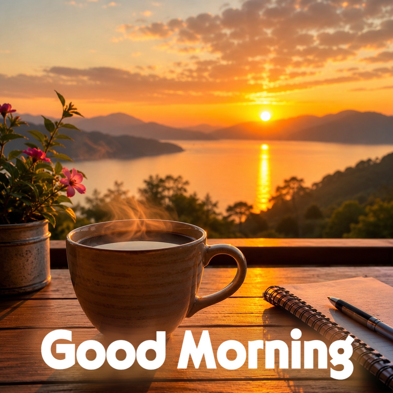 Good Morning wishes with Sun and Coffee