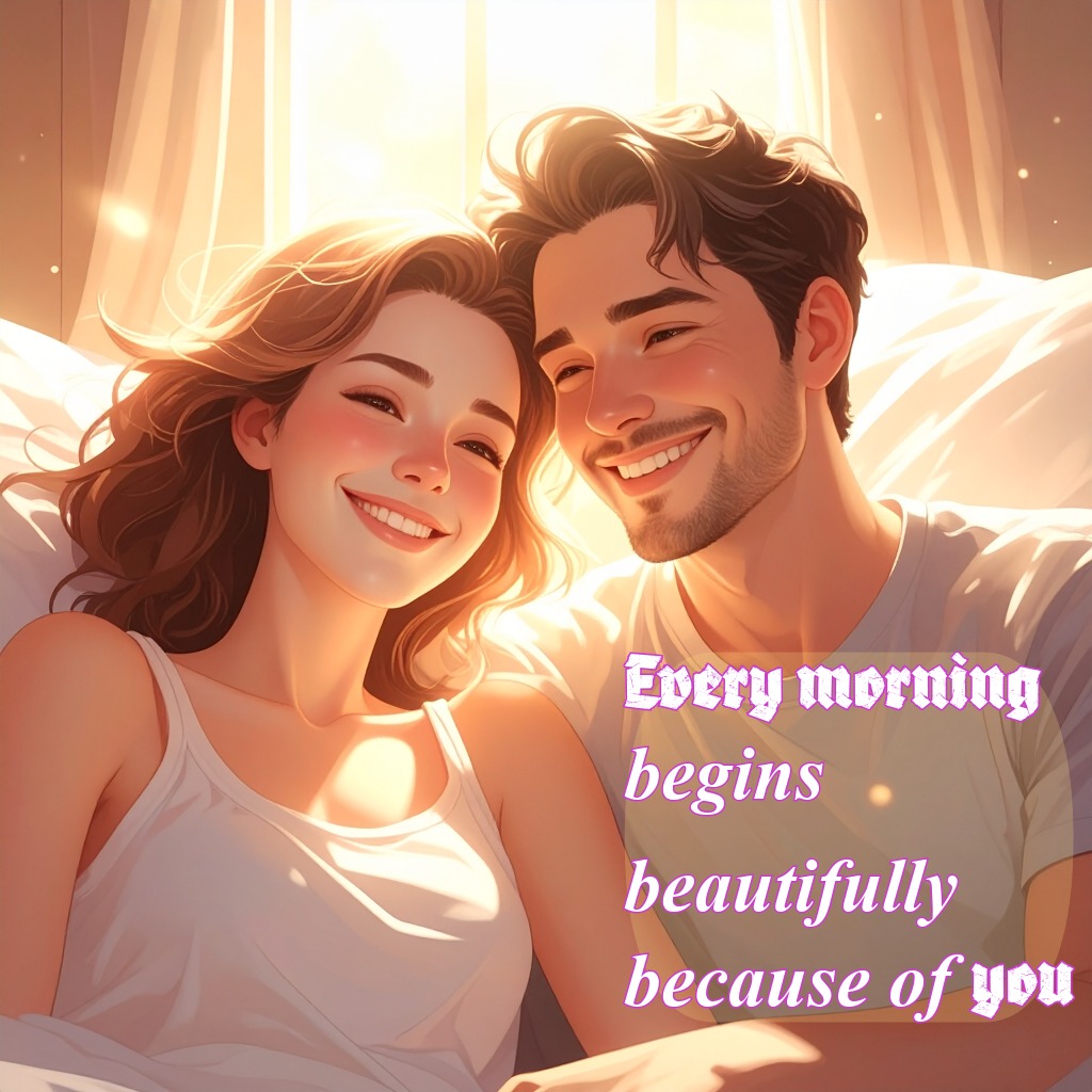 Couple smiling in bed with soft morning sunlight streaming through a window | Romantic Messages Between Couples quotes and wishes