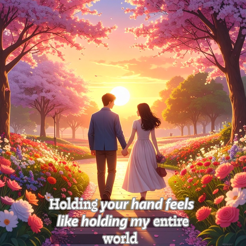 A romantic couple holding hands while walking through a flower-filled park at sunset | Romantic Messages Between Couples quotes and wishes