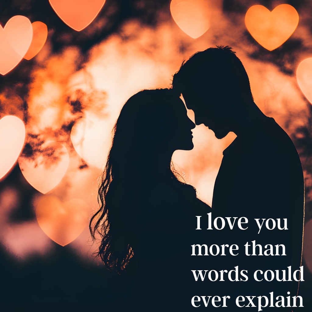 Heart-shaped lights with a couple embracing in the background | Romantic Messages Between Couples quotes and wishes