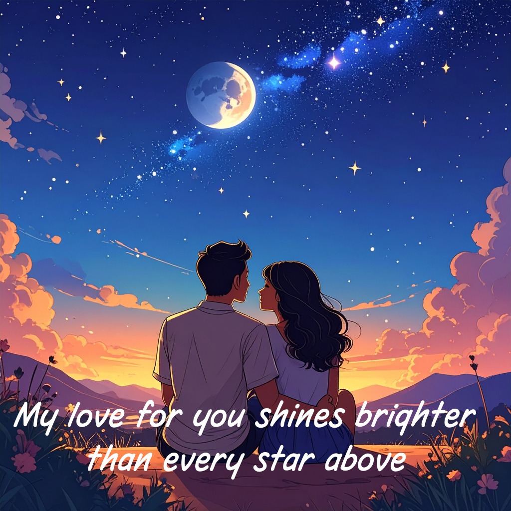 Couple sitting together beneath a sky filled with stars and a glowing moon | Romantic Messages Between Couples quotes and wishes