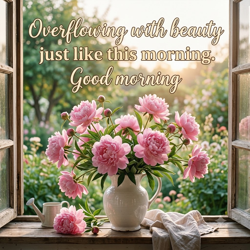 Pink Peonies Windowsill Good Morning | Good Morning Images With Flowers quotes and wishes