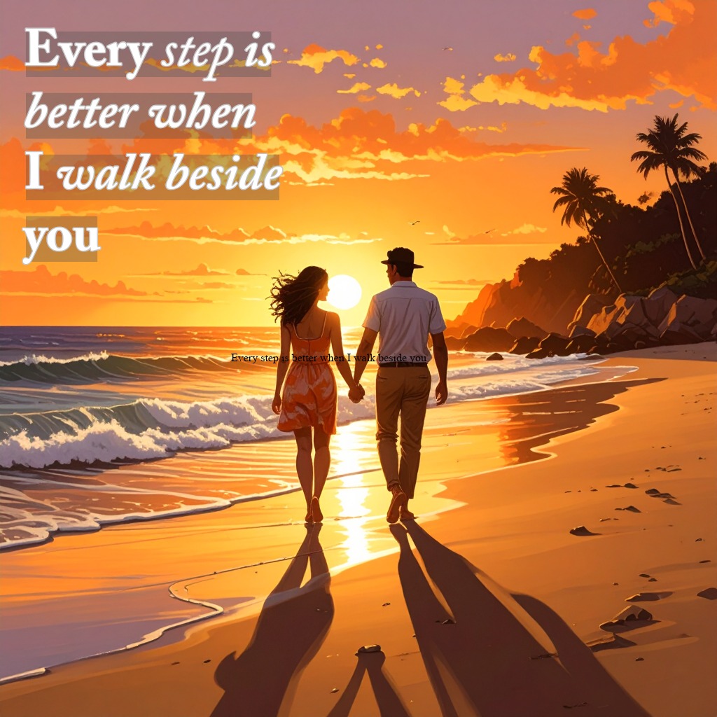Couple walking hand in hand along a beach with a golden-orange sunset | Romantic Messages Between Couples quotes and wishes