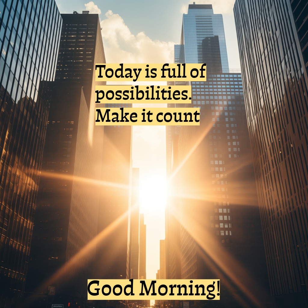 A bright sunrise over city buildings | Good Morning Images 2026 quotes and wishes