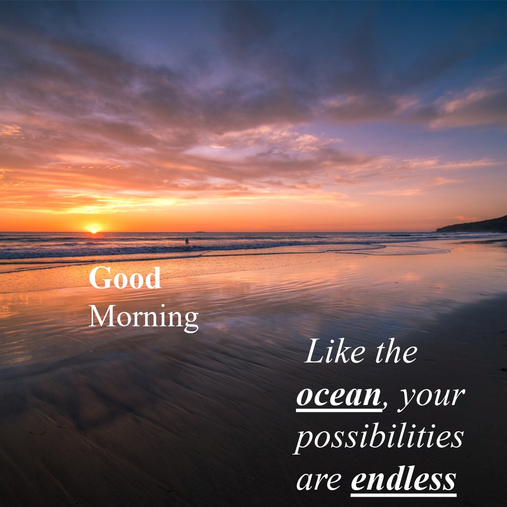 Waves meeting the shore beneath a vibrant sunrise | Good Morning Nature Images quotes and wishes